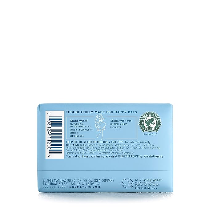 Mrs. MEYER'S CLEAN DAY Bar Soap, Use as Body Wash or Hand Soap, Made with Essential Oils, Rain Water, 5.3 oz, 1 Bar (Pack of 12)
