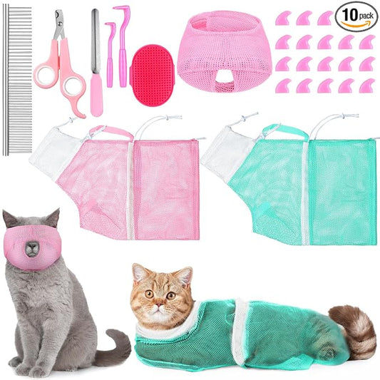 10 Pcs Cat Bathing Bag Set Pet Mesh Shower Bag Anti Bite and Scratch Pet Grooming for Washing Brush, Cat Muzzle, Nail Clipper, Nail File, Tick Tool(Blue and Pink)