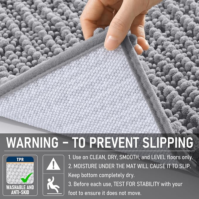 OLANLY Bathroom Rug Mat 24x16, Thick Soft and Absorbent Chenille Bath Mat, Non-Slip Rubber Backing, Machine Washable Quick Dry Bath Rugs for Tub Shower Floor, Home Decor Accessories, Grey