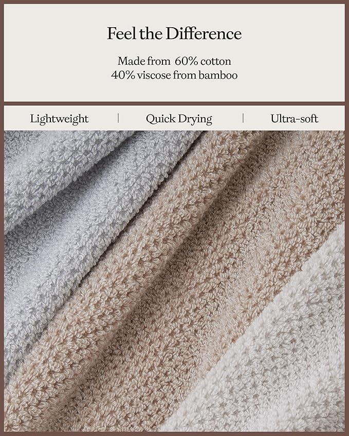 Cozy Earth Nantucket 60% Cotton 40% Viscose from Bamboo Washcloth - 600 GSM Plush & Fast-Drying with Rice Weave Pattern - 4 Pack 13" x 13" Luxury Washcloth - Light Grey