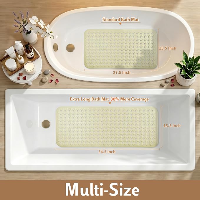 Yimobra Bathtub Mat Non Slip, Super Strong Suction Cups, 28"X16" Long Shower Mat with Drain Holes, Machine Washable Fast Draining Bath Mats, Bathroom Essentials,Beige