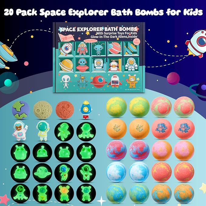 20 Pack Galaxy Bath Bombs for Kids with Space Explorer Toys, Cosmic Adventure Kids Bath Bombs with Astronauts, Rockets, Planets & Glow-in-The-Dark Aliens Inside,End-of-School Year Gifts