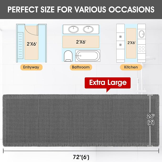ACCUMTEK Extra Large Waffle Bath Mat, 6'x2' Grey, Super Absorbent Non-Slip Quick Dry Bathroom Rugs with Tassels, Machine Washable Ultra Soft Boho Bath Rugs for Floor, Toilet Mats Boho Farmhouse Decor