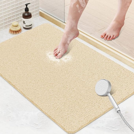 Shower Mat Bathtub Mat Non-Slip,24x16 inch, Soft Tub Mat with Drain,PVC Loofah Bath Mat (Phthalate Free) for Tub and Bathroom,Quick Drying,Khaki