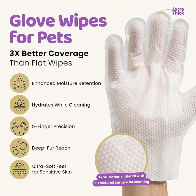 Premium Pet Grooming Glove Wipes for Dogs & Cats, 3X Thick No-Rinse Bathing Gloves, Hypoallergenic Deodorizing Paw & Body Cleaner, Grooms Hydrates & Nourishes, 20 Count, Lavender Scent