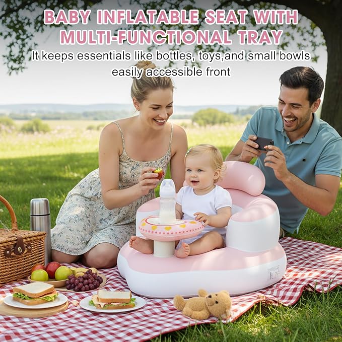 Inflatable Baby Seat for Babies 3-36 Months, Built-in Air Pump, Sit Me Up Chair with Tray and Back Support, Learning to Sit, Portable Baby Chair (Pink & White)