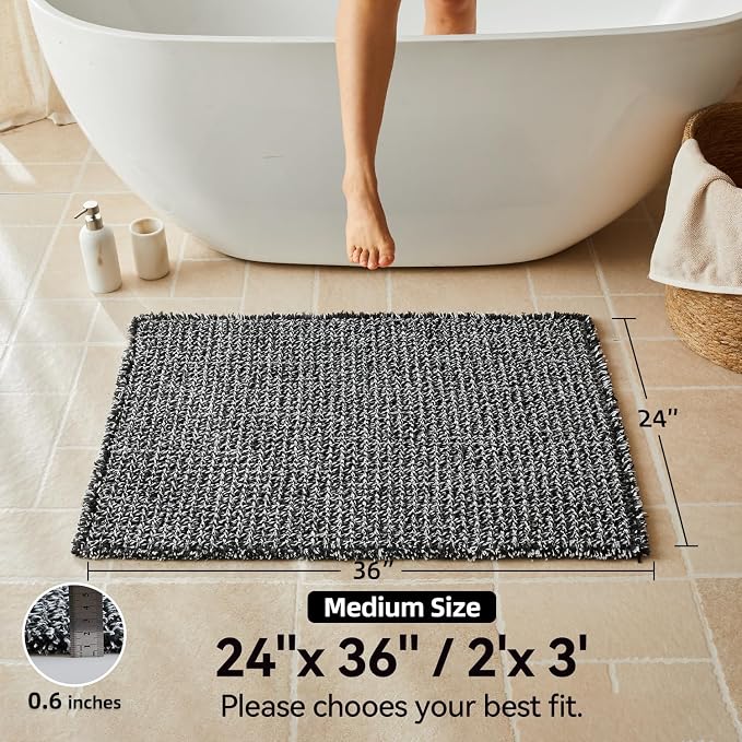 Triohero Waffle Bath Mat, Boho Bathroom Rugs Non Slip Washable, Ultra Soft Super Absorbent Quick Dry Farmhouse Bathroom Decor, 24" x 36", Black & White
