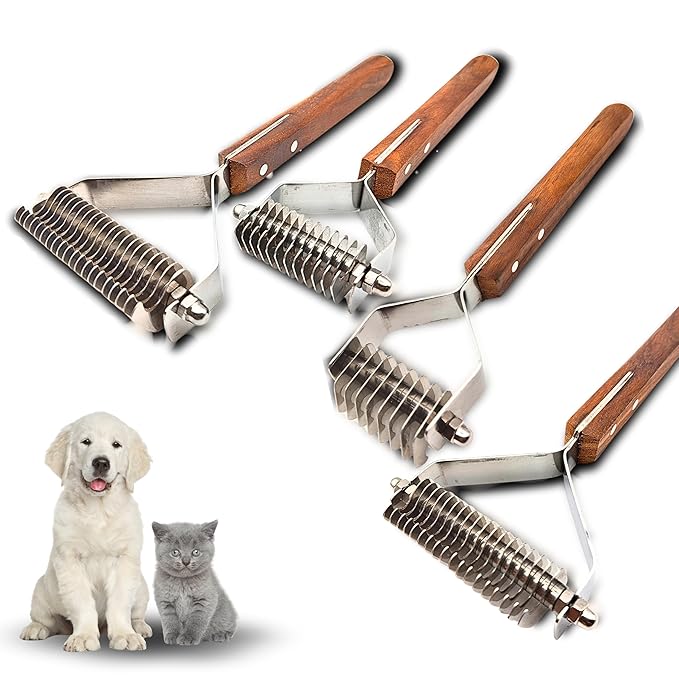 Undercoat Dematting Rake for Dogs & Cats – Grooming Tool with Stainless Steel Teeth & Wood Handle – Undercoat Remover for Thick & Matted Pet Fur (8 Blades)