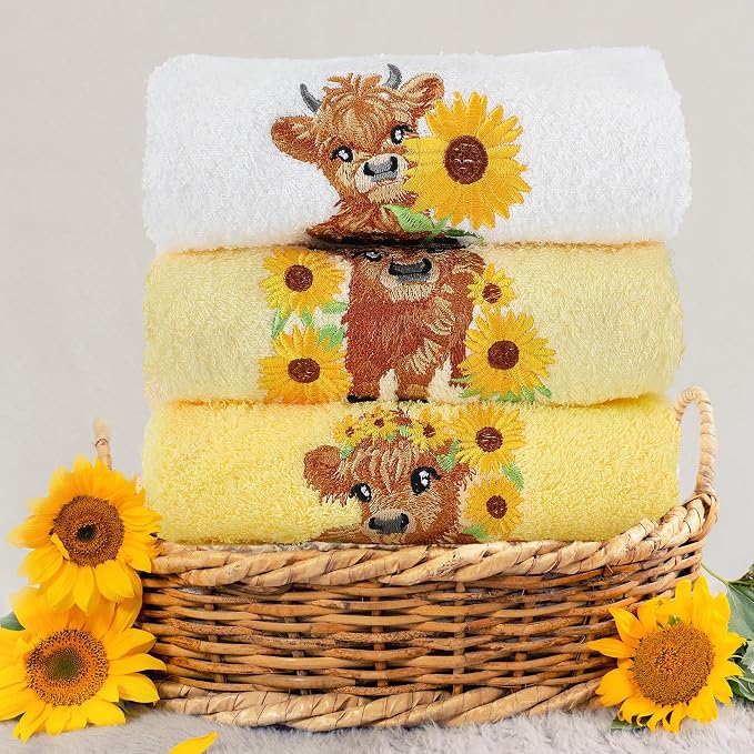 FuWeave 3 Pcs Sunflower Highland Cow Hand Towels Embroidered Highland Cow Farmhouse Yellow Decorative Bathroom Towels for Bathroom Kitchen Decor, 100% Cotton, 13.3 x 29.5''