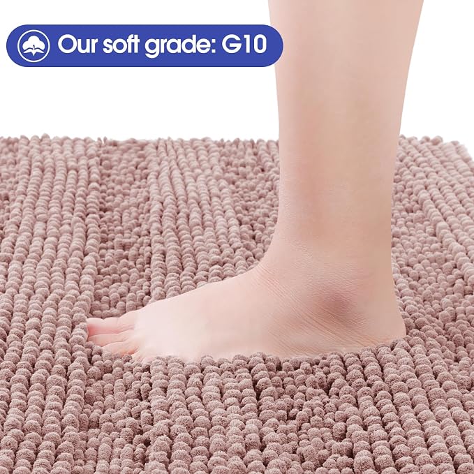 ACCUMTEK Striped Dusty Pink Bathroom Rug Mat Set 2 piece 32"x20"+24"x17" Ultra Soft, Non Slip Chenille Bath Rugs, Absorbent Plush Shaggy Bath Mats for Bathroom, Bedroom, Kitchen, Shower, Tub