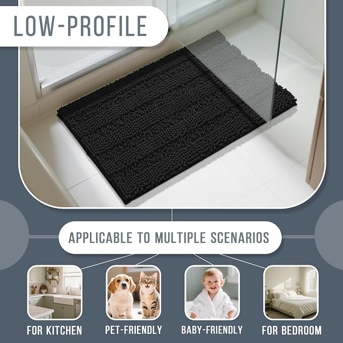 Yimobra Bathroom Rug Mat 36 x 24, Non Slip and Super Absorbent Bath Mat,Machine Washable Quick Dry,Ultra Plush Chenille Shower Rugs for Bathroom Floor Sink Tub and Shower Outside,Black