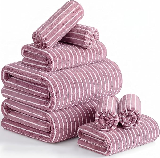 8 Pcs Oversized Bath Towels Set for Adults 40 x 80 Inches Extra Large Pink & White Striped Beach Towels Sheets Pool Shower Quick Jumbo Dry Absorbent Soft Microfiber for Hotel Bathroom
