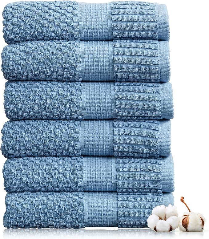 NY Loft 100% Cotton 6-Pack Hand Towel Set | Blue | Oeko-TEX | Quick-Dry | Six 16" x 28" Hand Towels | Super Absorbent | Designer-Styled Texture