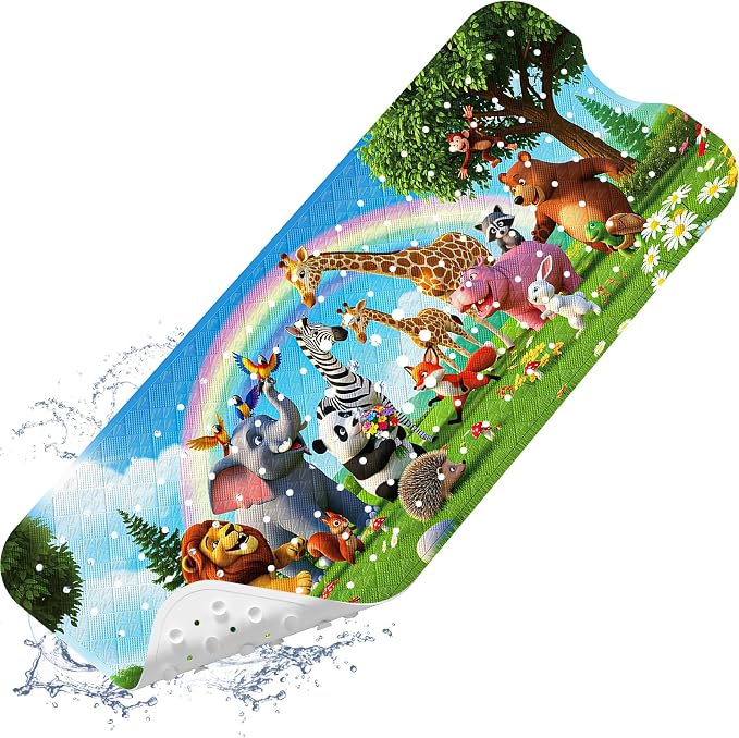 XIYUNTE Upgrade Baby Bath Mat Non Slip - 40"x16" Extra Long Kids Bath Mat for Tub Non Slip Bathtub Mat Eco-Friendly Toddler Bath Mats with Suction Cups, Machine Washable and No Fading, Animal Rainbow