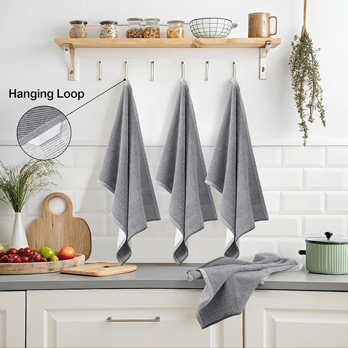Mordimy Premium Kitchen Towels 8 Pack (18 x 28 Inches, Grey), Large Cotton Kitchen Hand Towel, Flat & Terry Dish Towels for Drying Dishes, Super Absorbent Tea Dishtowels Set with Hanging Loop