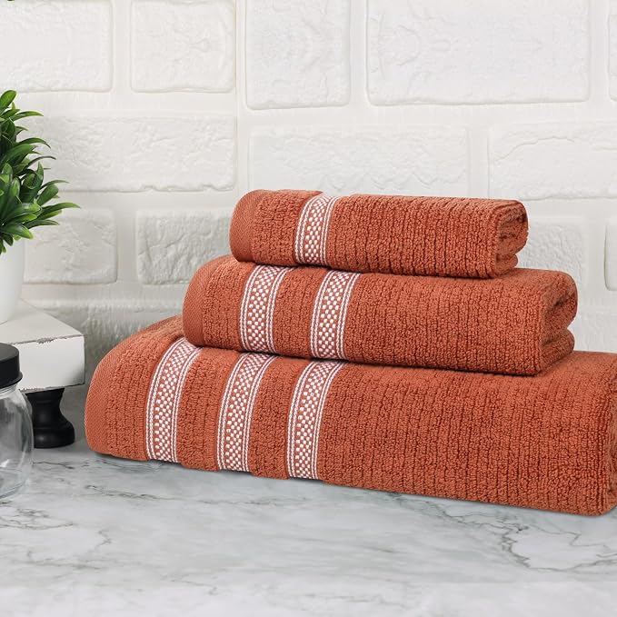 Superior Cotton 3-Piece Towel Set, Zero Twist, Ribbed Geometric, Bathroom Essentials, Shower, Spa, Luxury Plush Soft Absorbent Towels, Includes 1 Bath, 1 Hand, 1 Washcloth/Face Towel, Rust