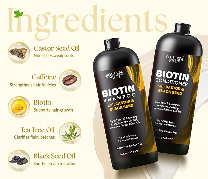 SOULSPA PURE Castor Oil & Black Seed Biotin Shampoo and Conditioner Set - Sulfate Free Nourishing Formula for Thinning Hair & Dry Scalp - Deep Moisture for Men & Women - 16 fl oz Each