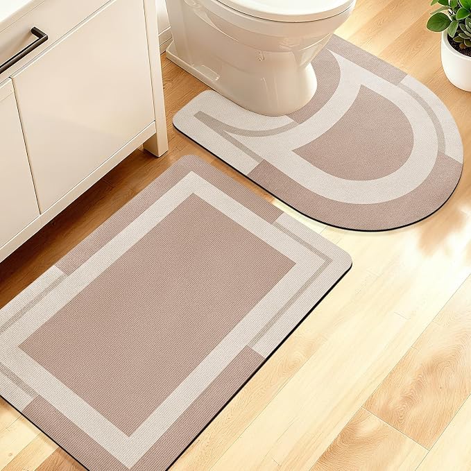 ACCUMTEK Non Slip Bath Mat, Thin Bathroom Rugs Fit Under Door, Quick Dry Bath Mats, Machine Washable Bath Rugs for Bathroom, Bathtub & Kitchen, Light Brown/Bordered/24 x17+ 24"x20" Contour Rug