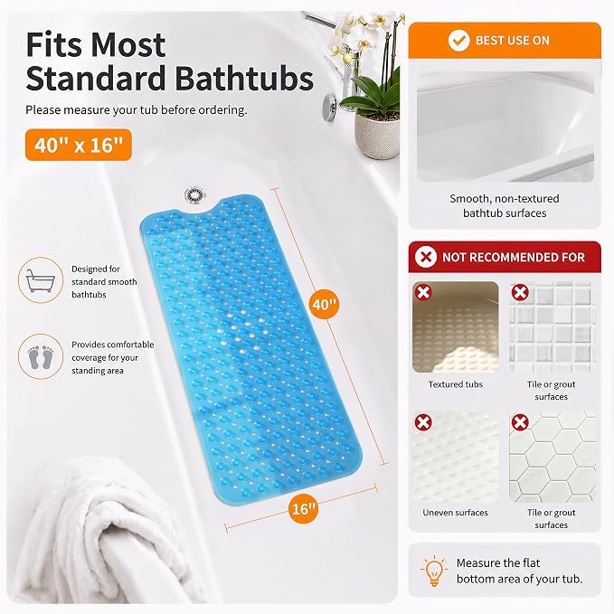Yimobra Non Slip Bathtub Mat 40 x 16 Inch, Extra Long Shower Mat with Drain Holes, Machine Washable Baby Bath Mats, Strong Suction Cups for Bathroom Floor, Clear Blue