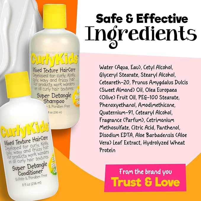 CurlyKids Super Detangle Kids Shampoo & Conditioner Set, Frizz-Free Care for Curly, Kinky, Wavy, and Frizzy Hair - Sulfate & Paraben-Free Hair Care