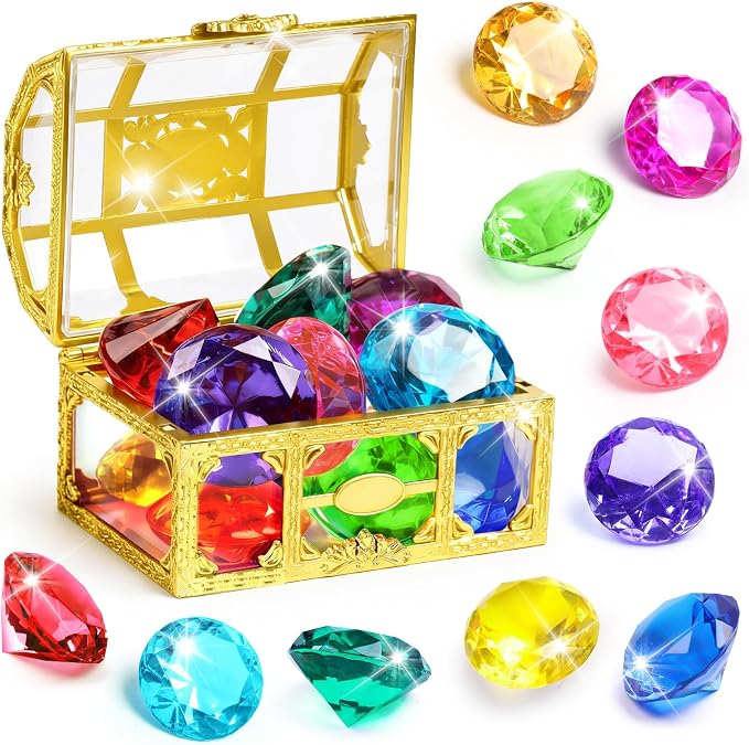 DISHIO Large Diving Gem Pool Toys with Golden Treasure Box, 10PCS Colorful Acrylic Diamonds Set for Summer Swimming Underwater Training, Pirate Party Favors, Bath Toys for Kids Gold
