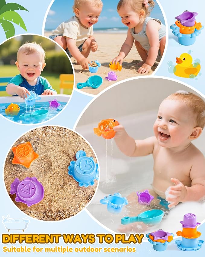 Toddler Bath Toys for Kids Ages 1-3 Waterfall Bathtub Toys for Toddlers 2-4 | with 3 Strong Suction Cups & Stacking Cups Battery-Free Duck Sensory Shower Toys for Boys Girls Gifts