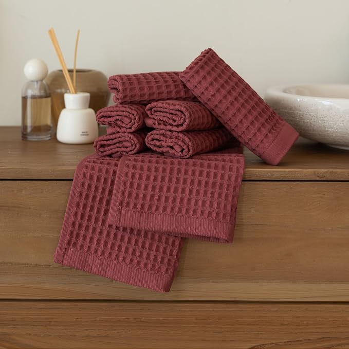 Waffle Washcloths Set of 8 Dark Red - Premium Quality 100% Turkish Cotton Face Washcloth, Soft Makeup Towel, Shower Cloth, Kitchen Towel (Dark Red, Set of 8 Washcloths)