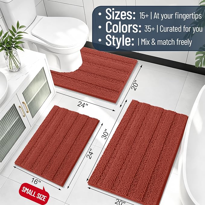 Smiry Thick Chenille Bathroom Runner Rugs 44x24, Absorbent Striped Bath Mat, Machine Washable, Rubber Backing, Long Bath Rugs for Bathroom, Tub & Shower, Home Decor Accessories, Rustic Terracotta