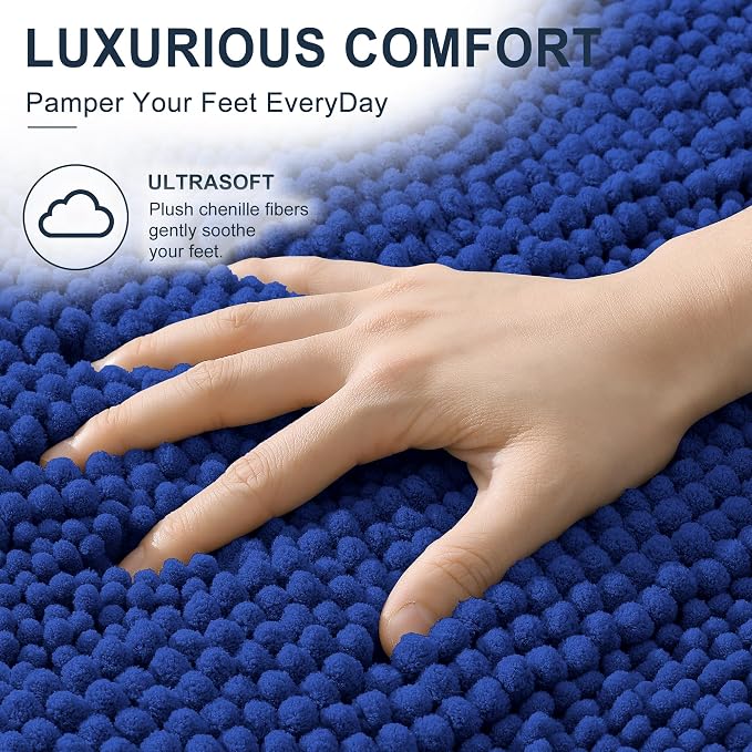 Smiry Thick Chenille Bathroom Rugs 30x20, Extra Soft Absorbent Striped Bath Mat, Machine Washable, Rubber Backing, Bath Rugs for Bathroom, Tub & Shower, Home Decor Accessories, Royal Blue