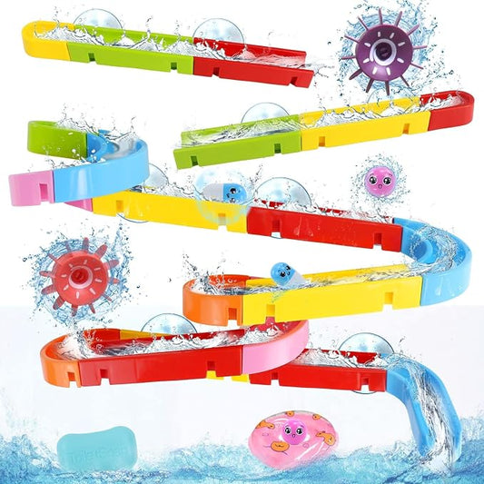 Fajiabao Bath Toys for Kids Ages 4-8 Water Slides with Suction Cups | DIY Marble Run Track Bathtub Toys for Kids Ages 4-8 Creative Kids Bath Toys for Wet & Dry Play STEM Gift for Boys Girls 38PCS