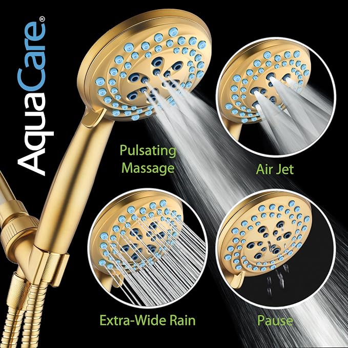 AquaCare Seen-On-TV High Pressure 8-mode Handheld Shower Head - 2-mode Power Wash to Clean Tub, Tile & Pets, Stay-Clean Nozzles, Extra Long 6 ft. Stainless Steel Hose, Wall & Overhead Brackets, Gold