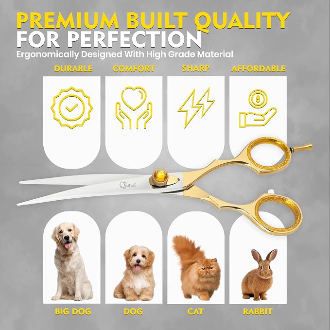 7.5 Inch Curved Grooming Scissors for Dogs and Cats – Professional Pet Grooming Shears for Face, Paws, Body and Tail – Sharp, Smooth, Ergonomic Curved Blades for Salon Groomers and Home Use