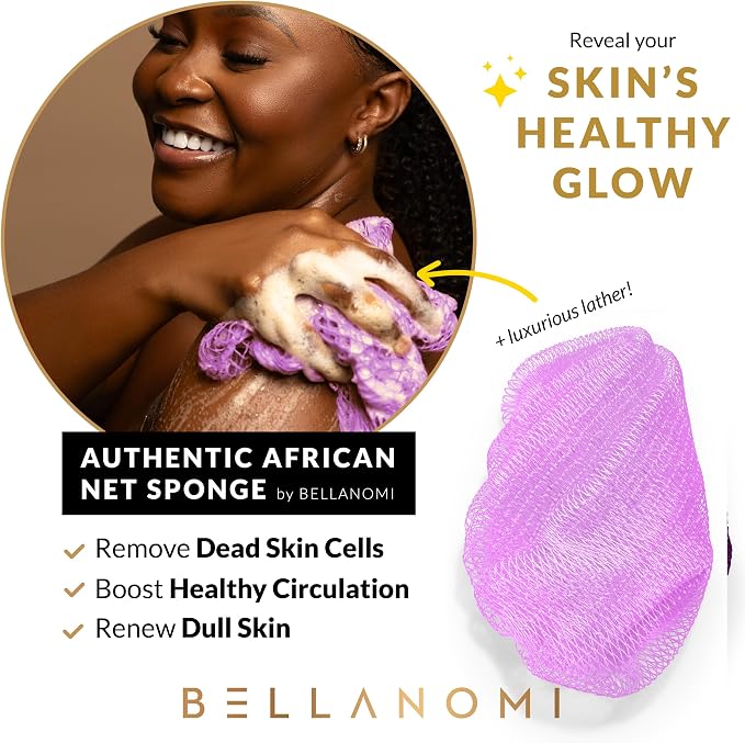 BELLANOMI African Exfoliating Net Sponge, Authentic, Ethically sourced from Nigeria, 45 inches Long, Back Scrubber for Daily use (Lilac)