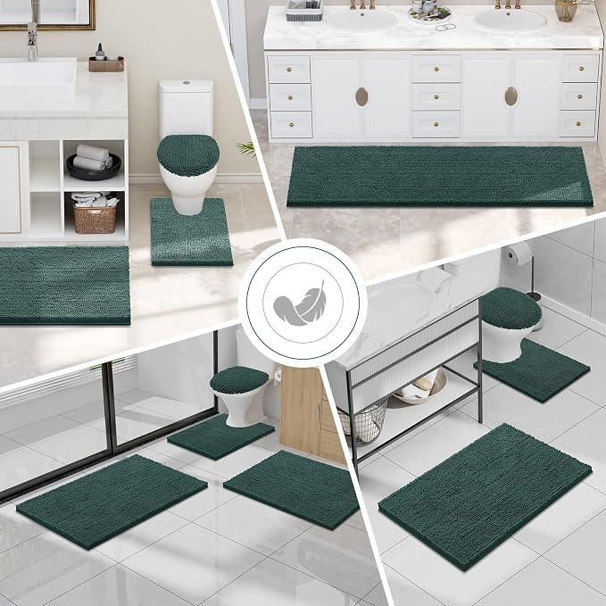 Smiry Luxury Chenille Bathroom Rugs 47x24, Extra Soft and Absorbent Shaggy Bath Mat, Machine Washable, Non-Slip Plush Carpet Runner for Tub, Shower, and Floor, Home Decor Accessories, Green