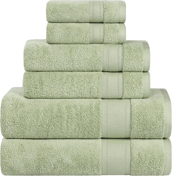 Superior Belmont Zero Twist Cotton Medium Weight Towels, for Guest Bath, Bathroom, Shower, Spa, Plush, Quick Dry, Ultra-Soft Towels, Bath Essentials, Thick Border, 6 Piece Assorted Towel Set, Green