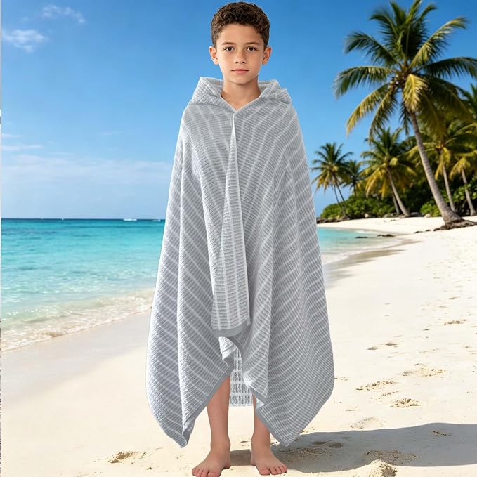 VOOVA & MOVAS Hooded Bath Towels for Teens/Big Kids (8Years Up) | Soft Absorbent 100% Cotton Thick Towel Wrap | Versatile Beach, Pool, Swim & Bath Cover-Up | GrayWhite