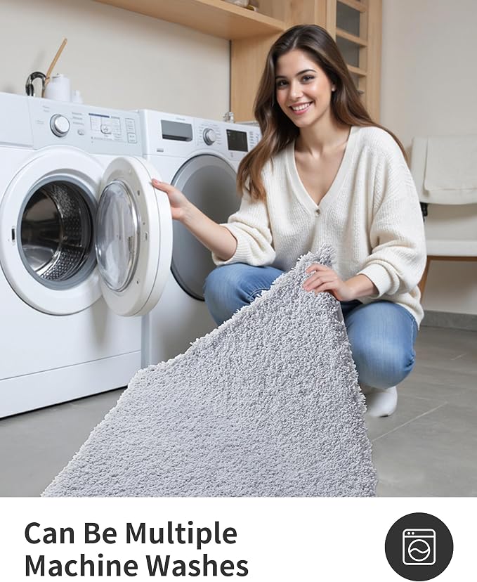 ILANGO Silver Bathroom Rugs 36" × 24" Non Slip & Super Absorbent Extra Thick Soft, Washable Bath Mat for Floor, Microfiber Plush Shaggy Bath Rug with Tub for Bathtub Shower Room Sink