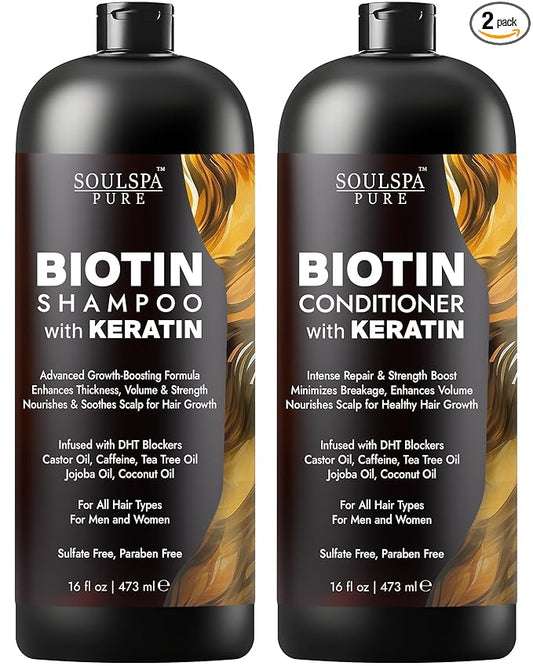 Biotin Shampoo and Conditioner Set with Keratin - Sulfate-Free Advanced Anti-Thinning, Hair Growth Shampoo and Conditioner Combo Repair Formula - with DHT Blockers, for Men & Women - 16 fl oz each