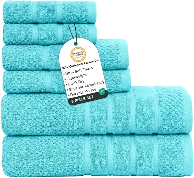 Feather & Stitch 100% Cotton 625 GSM Bath Towel Set of 6, Ultra Soft Highly Absorbent 2 Bath Towels, 2 Hand Towels & 2 Washcloth - Luxury Quick Dry Shower Towels (Aqua)
