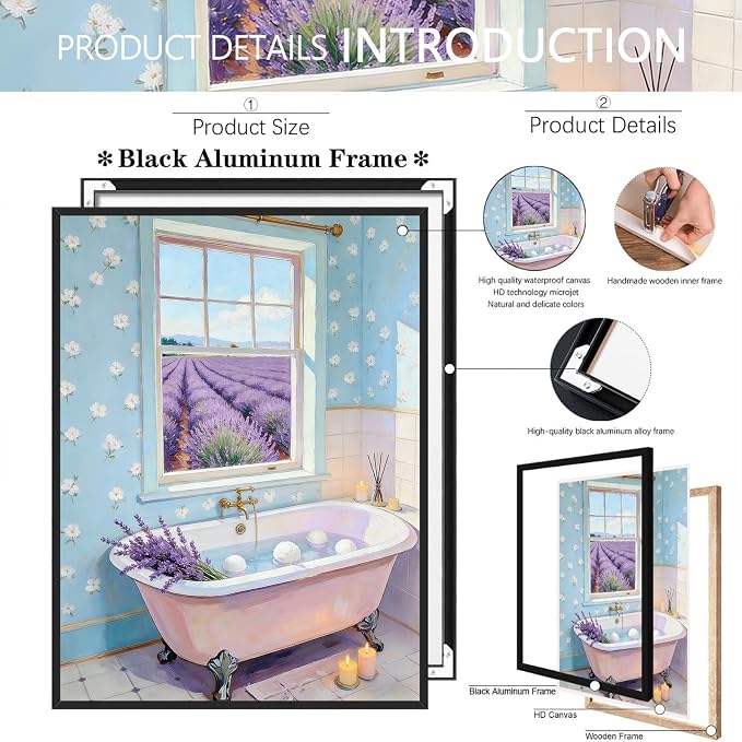 Lavender Field Bathroom Wall Art Serene Pink Clawfoot Tub Poster Floral Farmhouse Spa Oil Painting Print Aesthetic Wall Decor for Powder Room Apartment 16X24 in Wrapped Framed