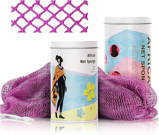 African Net Sponge Exfoliating Glove for Body and Face, Double Knotted Bath Sponge for Deep Cleansing and Gentle Exfoliation, Reusable and Quick-Dry (Purple)