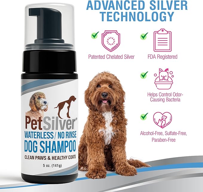 PetSilver Waterless Dog Shampoo - No Rinse Bath & Dry Shampoo for Dogs - Odor Control for Smelly Coats - Cleans, Conditions & Moisturizes - Hypoallergenic & Fragrance-Free - Patented Silver - 5 fl oz