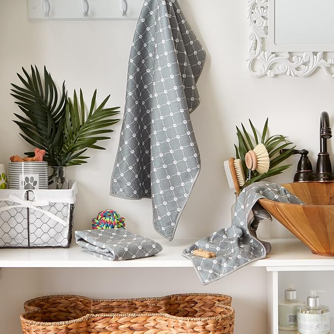 Bone Dry Pet Grooming Towel Collection Trellis Print, Microfiber Absorbent Drying Set, 15x30, Gray, 3 Count