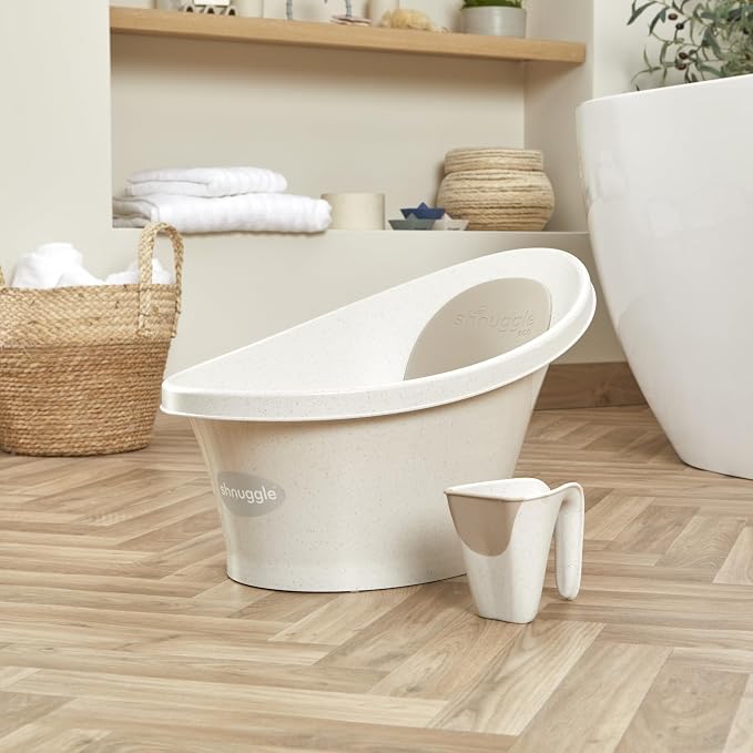 Shnuggle ECO Newborn Baby Bath | Recycled Material with Built-in Support Bump and Soft Backrest | Suitable from Newborn | Includes Water Plug | Cookies and Cream Colour | Beige Taupe Speckled