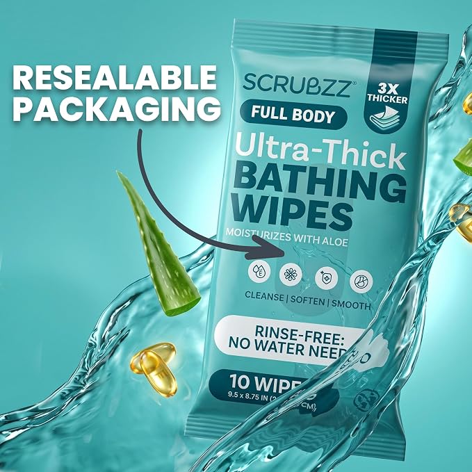 Extra Large Body Wipes for Adults Bathing No Rinse - 120 Ultra Thick Disposable Shower Wipes for Men, Women & Elderly - Great for Gym, Camping, Post Surgery