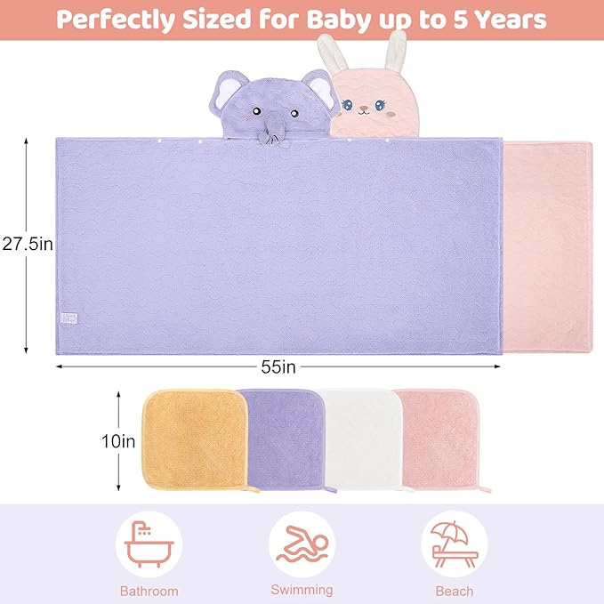 6 PCS Toddler Towels Set for Boy Girl 0-5 Year, 2 PCS Absorbent Hooded Baby Bath Towels Large 55" x 27.5" & 4 PCS Washcloths, Ultra Soft Toddler Newborn Bath Essentials Gifts, Rabbit & Elephant
