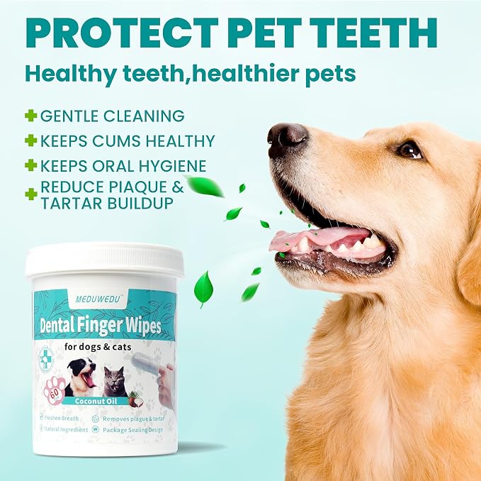MEDUWEDU Dental Care Finger Wipes 120 Counts,Teeth Cleaning Finger Wipes for Dogs & Cats,Reduces Plaque & Supports Oral Freshness, Coconut Scent