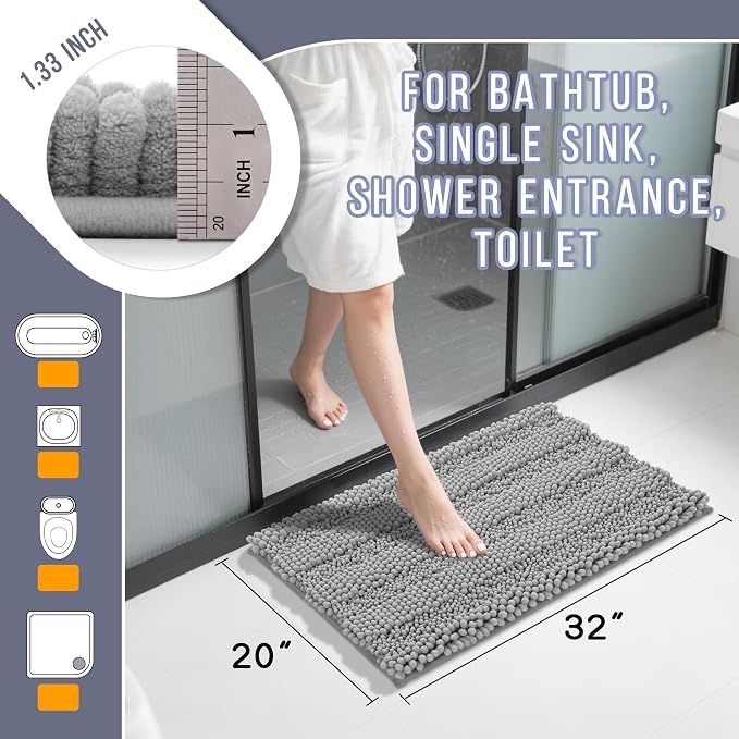 Yimobra Bathroom Rug Mat 32 x 20, Non Slip and Super Absorbent Bath Mat,Machine Washable Quick Dry,Ultra Plush Chenille Shower Rugs for Bathroom Floor Sink Tub and Shower Outside,Gray