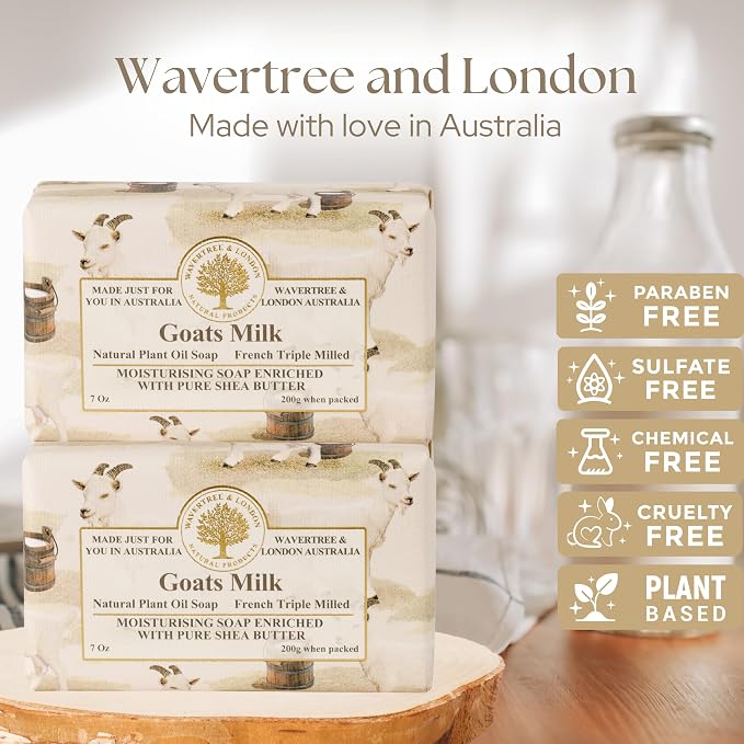 Wavertree & London Natural Goat Milk Soap Bars (2 Bars) – 7oz Individually Wrapped, French Triple Milled Moisturizing Bath Bar Soap Enriched with Shea Butter, Chemical-Free Sensitive Skin Bar Soap
