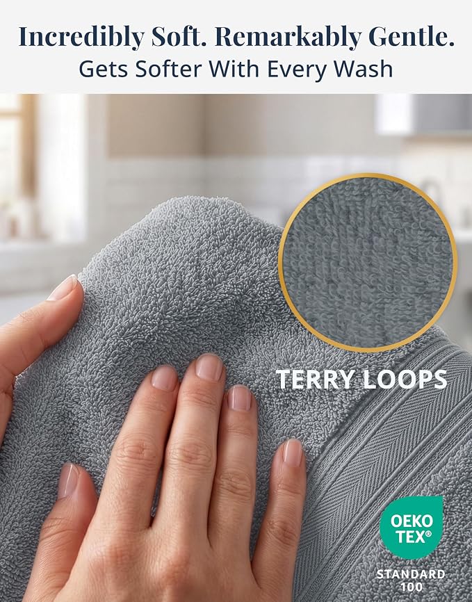 LANE LINEN Hand Towels for Bathroom - 6 Pack (16" x 28"), 100% Cotton Face Towel Set - Soft, Fade & Shrink Resistant - Hotel & Spa Inspired Hand Towels for Bathroom for Modern Family Homes - Cool Grey